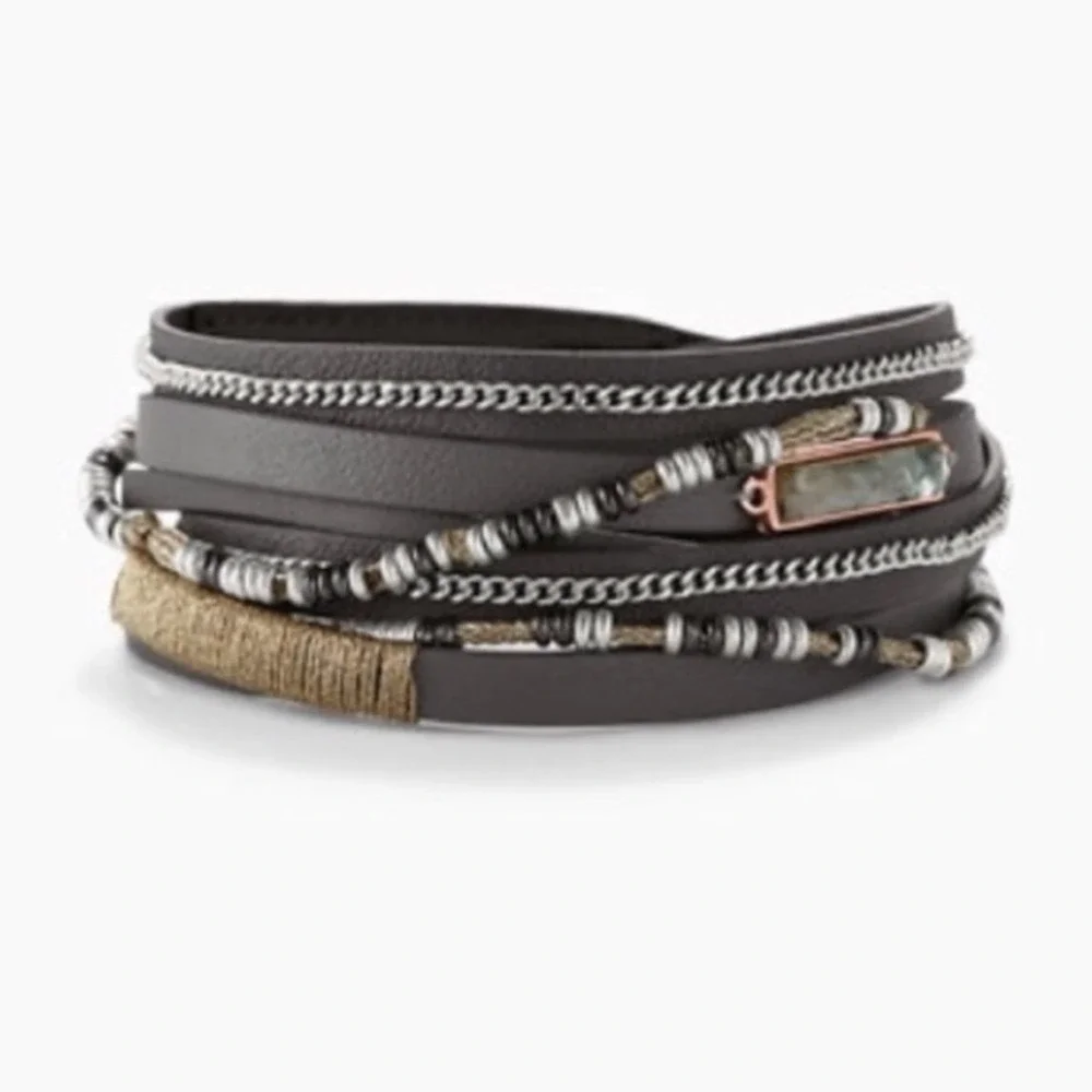 Stella &‎ Dots Yves Grey leather wrap Bracelet in original box